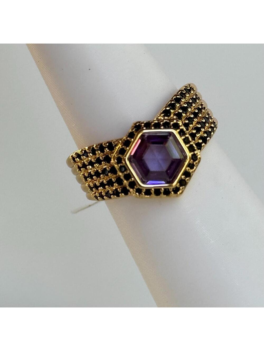 Bomb Party Ring Sz 8 "Make My Night" Purple Topaz & Black Onyx on Gold